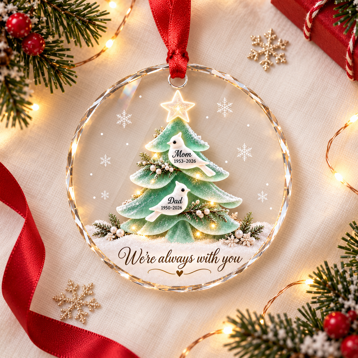 Memorial Christmas Tree With Custom Names & Dates - Personalized Acrylic Ornament - Sympathy Gift For Loss Of Parents