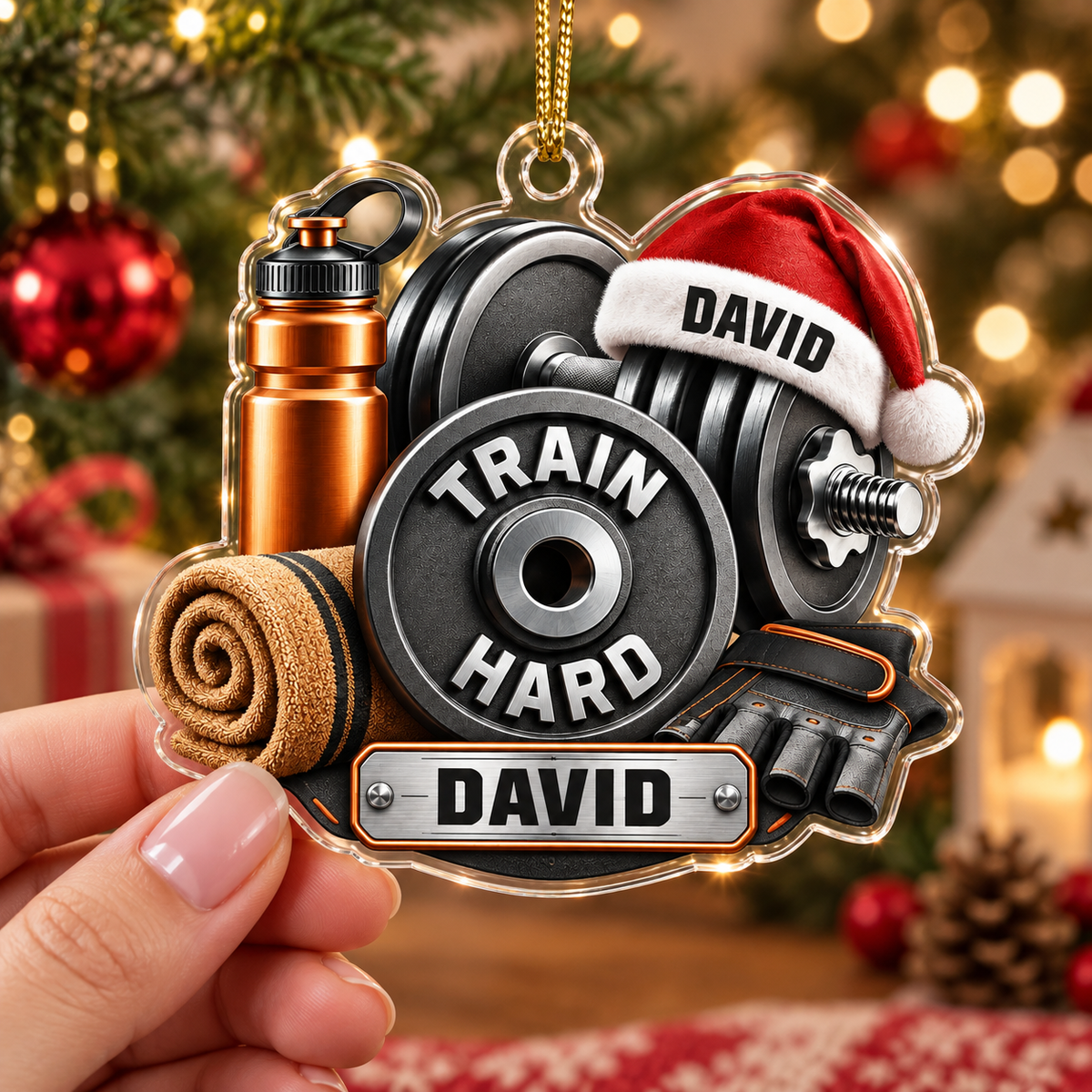 Gym Workout Gear With Custom Name - Personalized Acrylic Ornament - Christmas Gift For Fitness Lover & Gym Enthusiast
