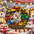 Construction Vehicles Christmas Wreath With Custom Name & Year - Personalized Acrylic Ornament - Christmas Gift For Boys
