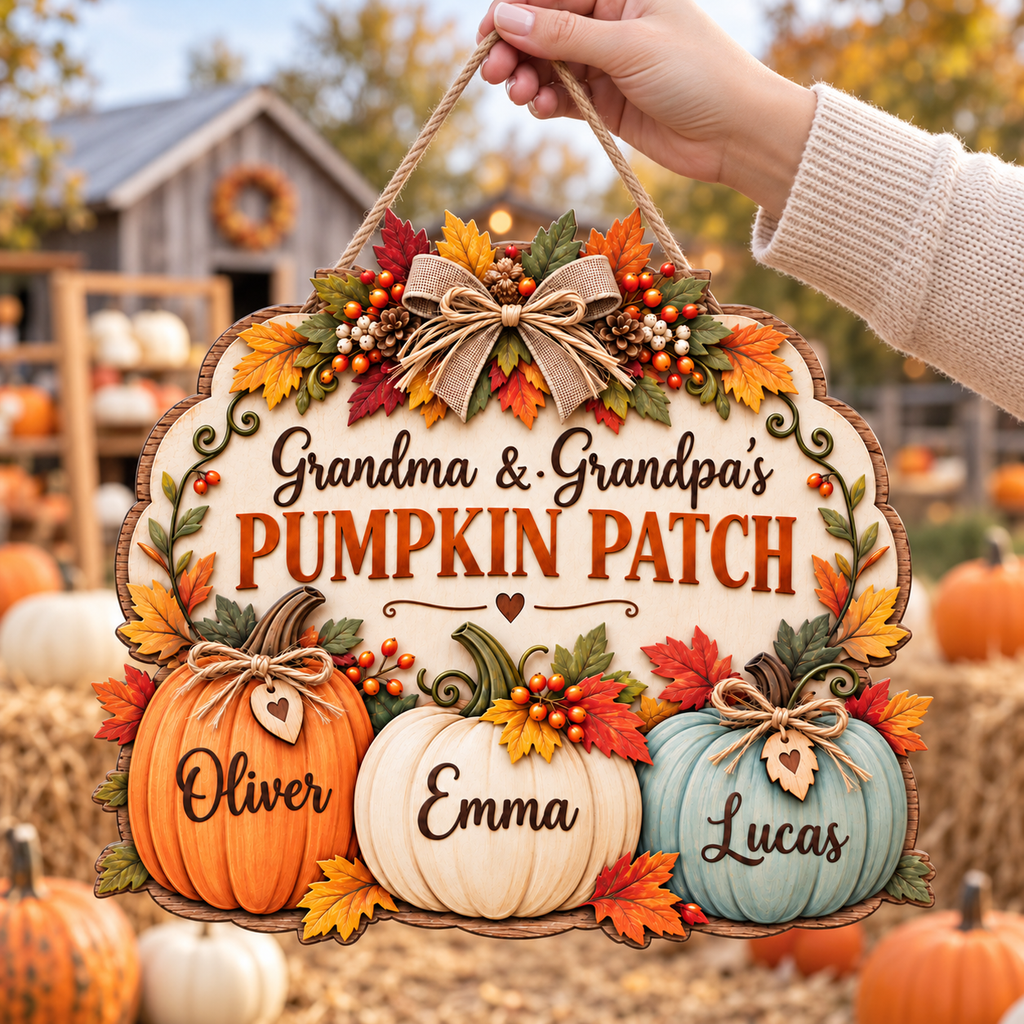 Personalized Pumpkin Patch Sign for Grandparents – Grandma & Grandpa Fall Wood Door Hanger