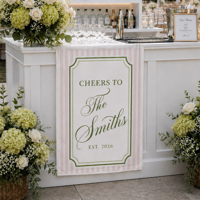 Personalized Wedding Bar Sign Cheers To Family Name, Custom Linen Bar Runner Sign, Elegant Wedding Cocktail Sign, Reception Decor