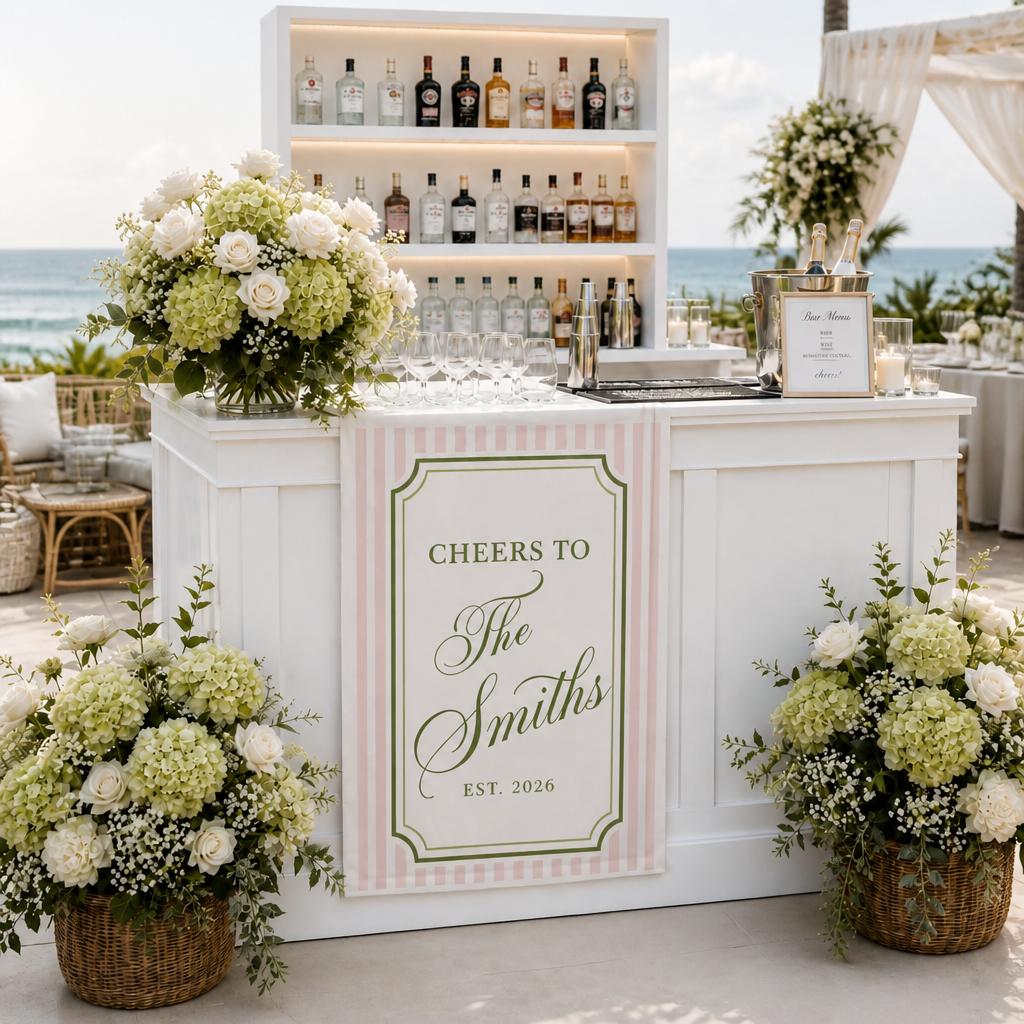Personalized Wedding Bar Sign Cheers To Family Name, Custom Linen Bar Runner Sign, Elegant Wedding Cocktail Sign, Reception Decor