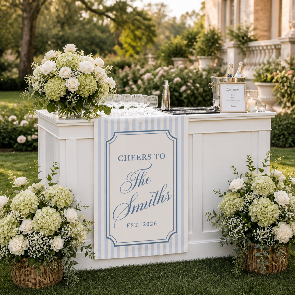 Personalized Wedding Bar Sign Cheers To Family Name, Custom Linen Bar Runner Sign, Elegant Wedding Cocktail Sign, Reception Decor