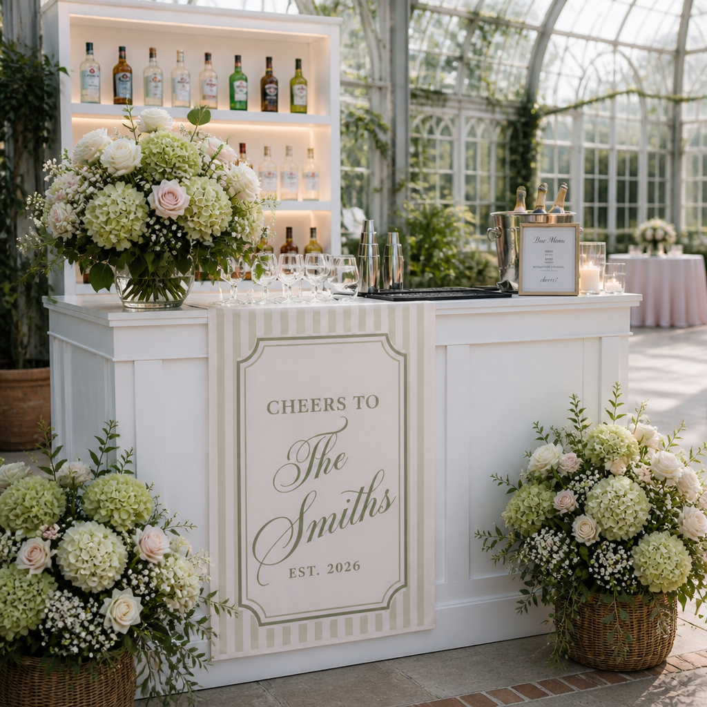 Personalized Wedding Bar Sign Cheers To Family Name, Custom Linen Bar Runner Sign, Elegant Wedding Cocktail Sign, Reception Decor