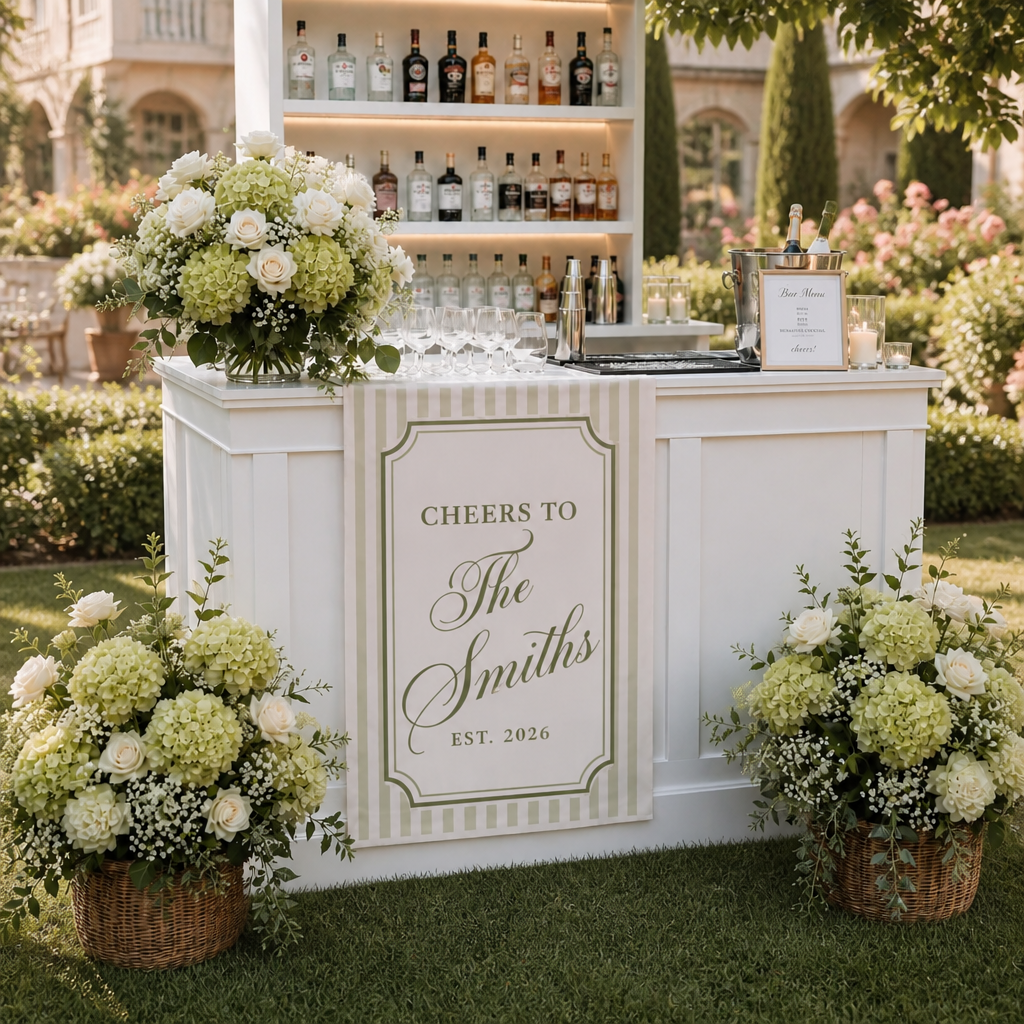 Personalized Wedding Bar Sign Cheers To Family Name, Custom Linen Bar Runner Sign, Elegant Wedding Cocktail Sign, Reception Decor