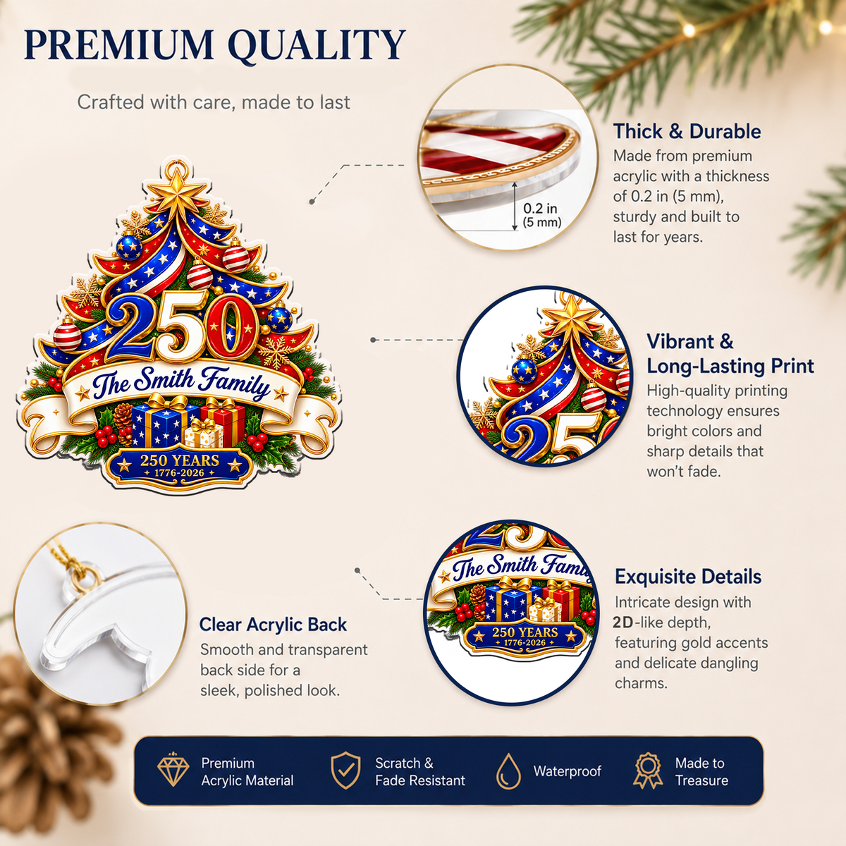 Personalized USA 250th Anniversary Ornament – Tree & Gifts