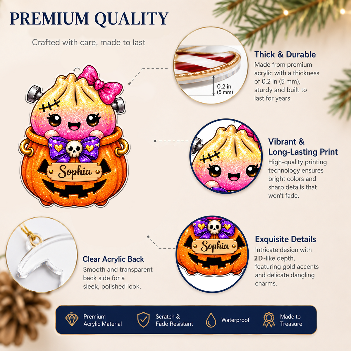 Cute Halloween Dumpling Characters With Custom Name - Personalized Acrylic Ornament - Christmas Gift For Kids, Teens