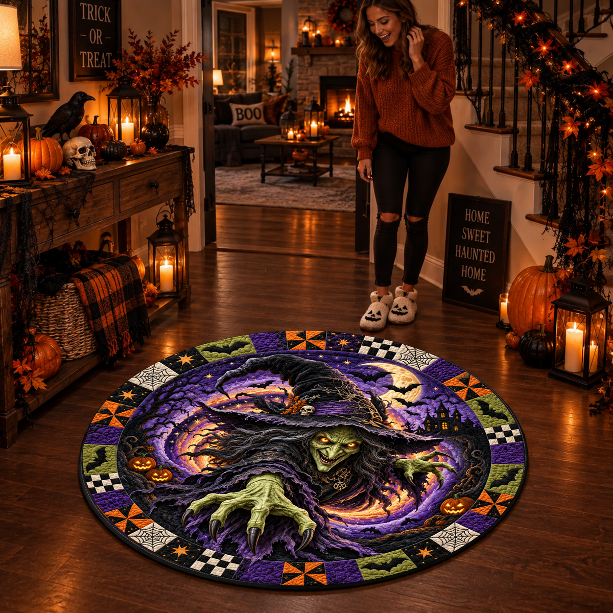 Scary Clown Vortex - 3D Illusion Quilted Round Mat - Spooky Halloween Home Decor