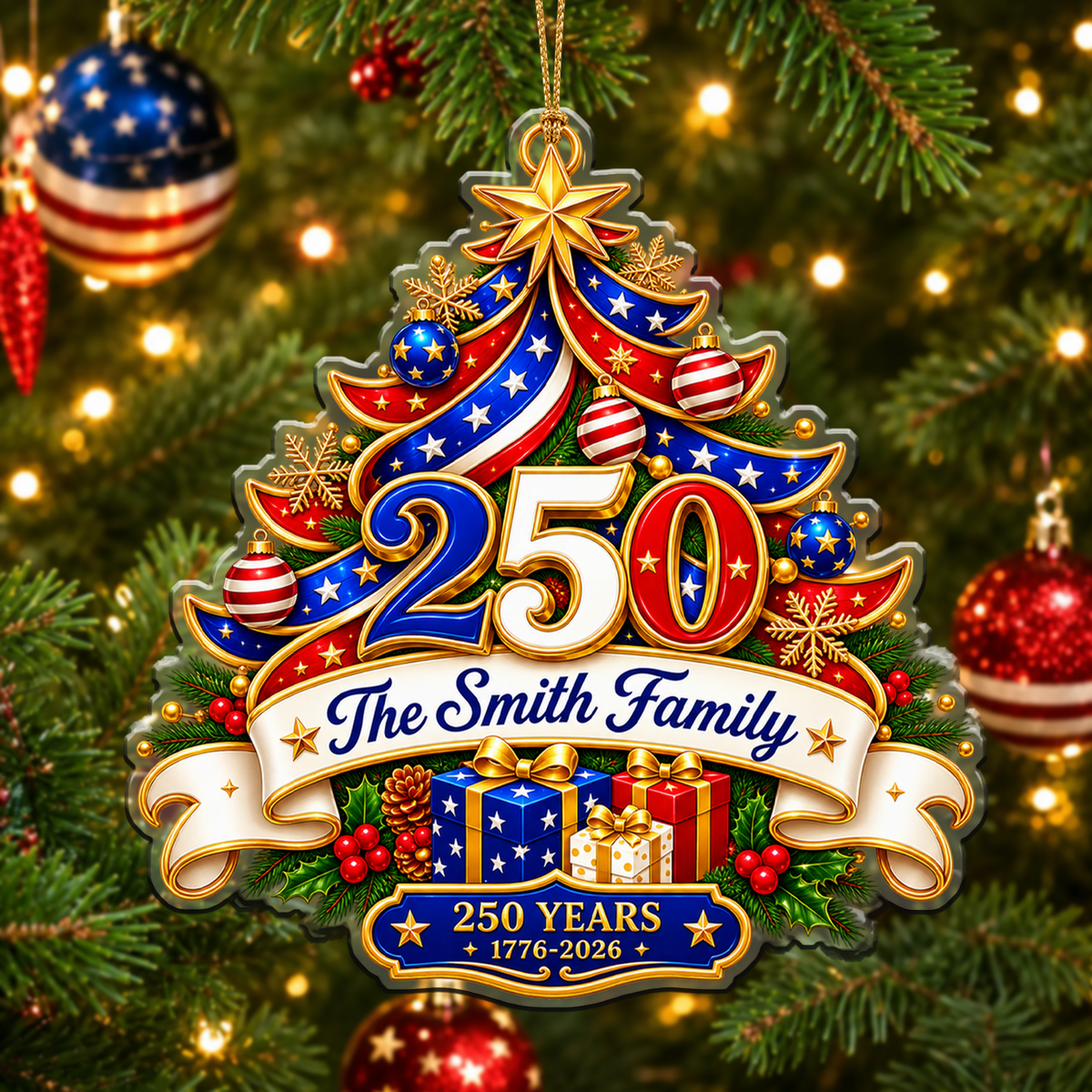 Personalized USA 250th Anniversary Ornament – Tree & Gifts