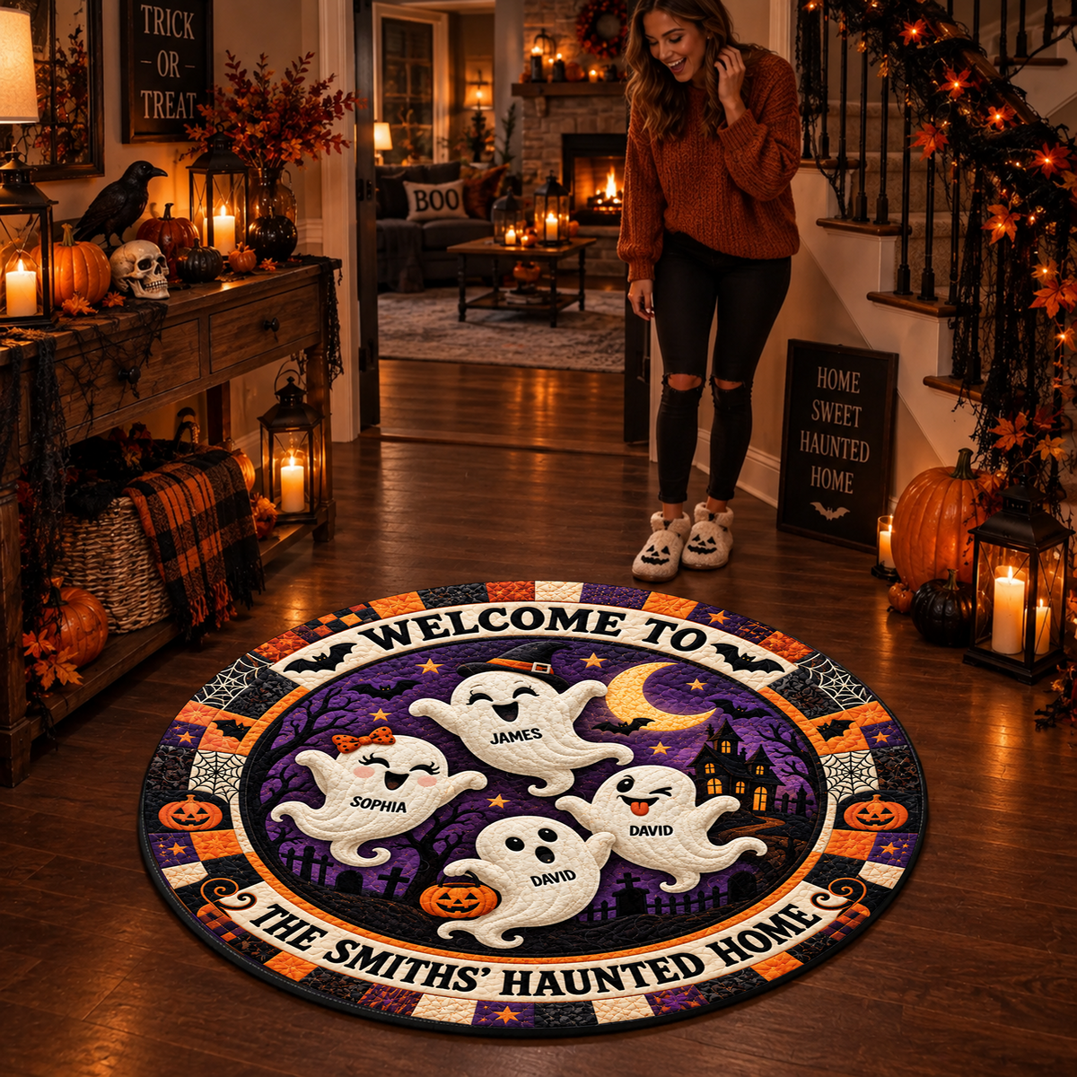 Personalized Ghost Family Haunted Home - 3D Vortex Quilted Round Mat - Halloween Decor For Family
