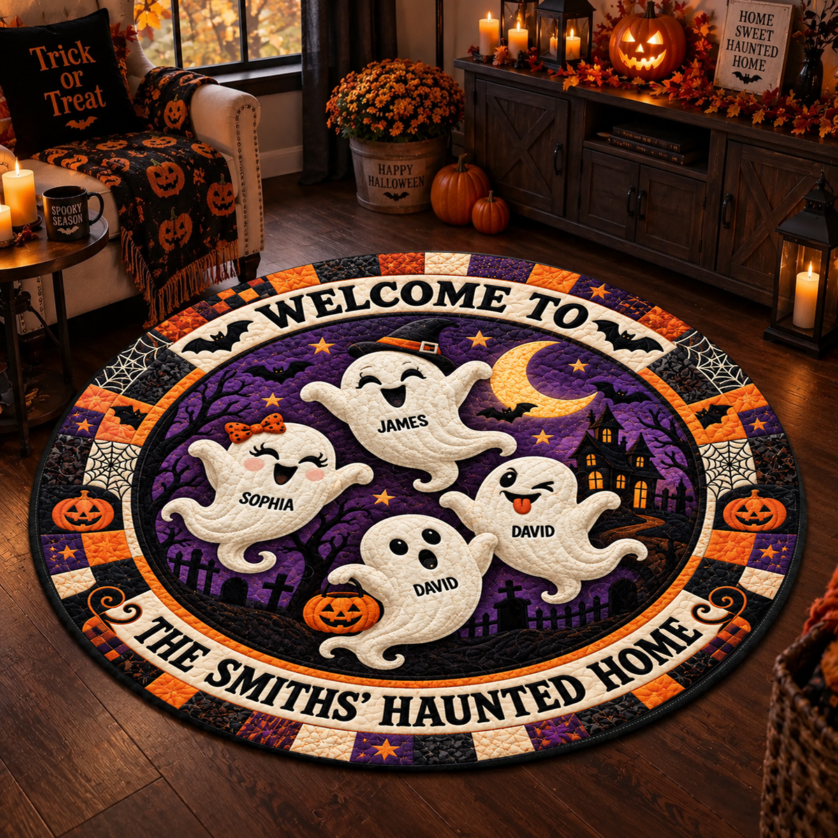 Personalized Ghost Family Haunted Home - 3D Vortex Quilted Round Mat - Halloween Decor For Family