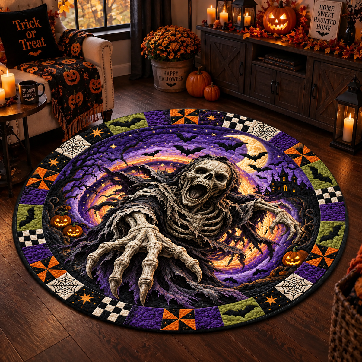 Scary Clown Vortex - 3D Illusion Quilted Round Mat - Spooky Halloween Home Decor
