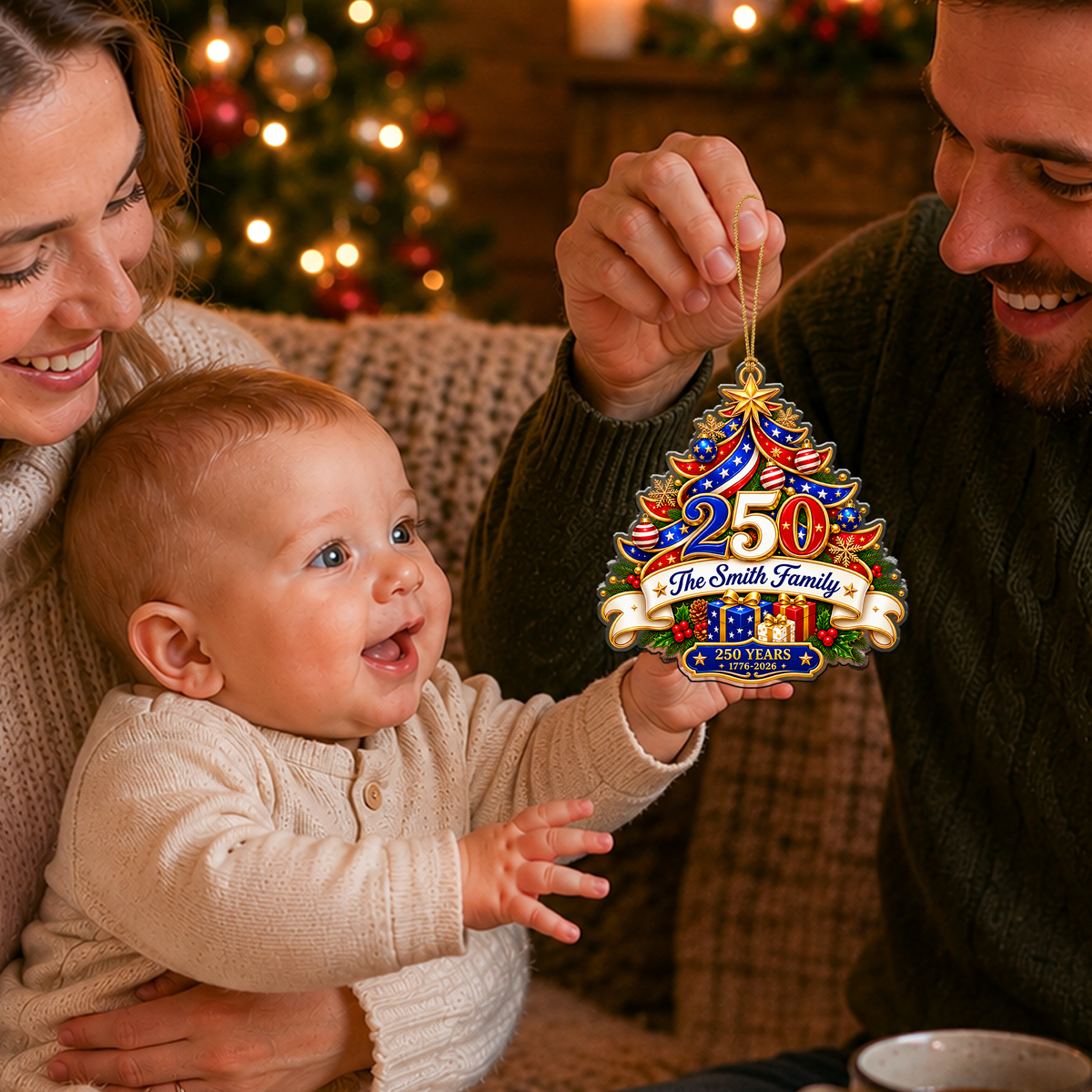Personalized USA 250th Anniversary Ornament – Tree & Gifts