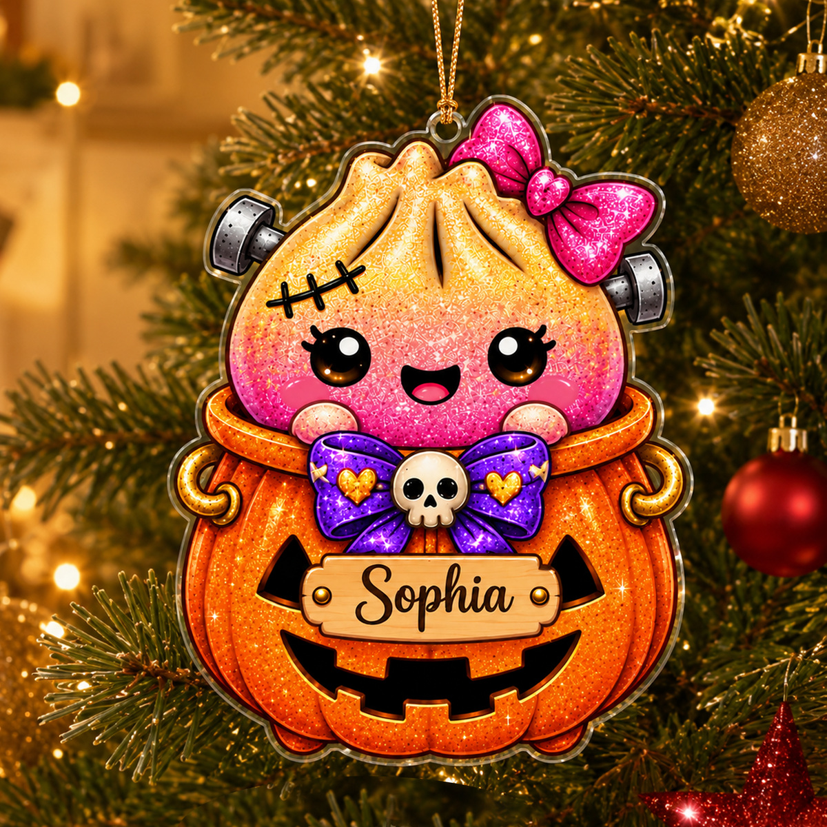 Cute Halloween Dumpling Characters With Custom Name - Personalized Acrylic Ornament - Christmas Gift For Kids, Teens