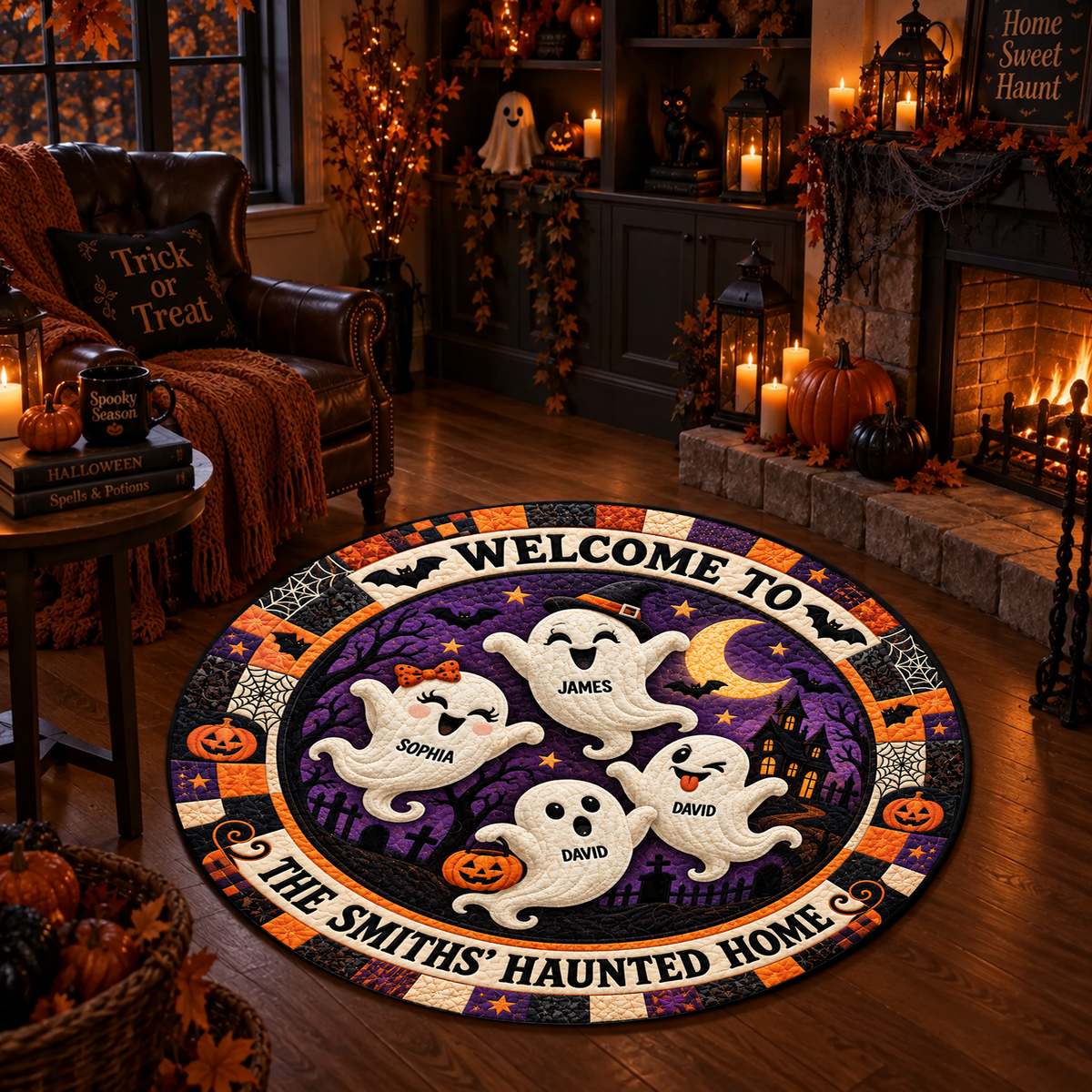 Personalized Ghost Family Haunted Home - 3D Vortex Quilted Round Mat - Halloween Decor For Family