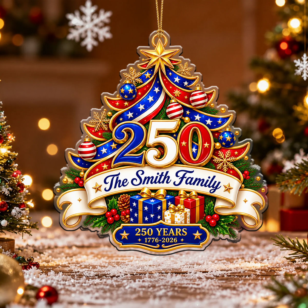 Personalized USA 250th Anniversary Ornament – Tree & Gifts