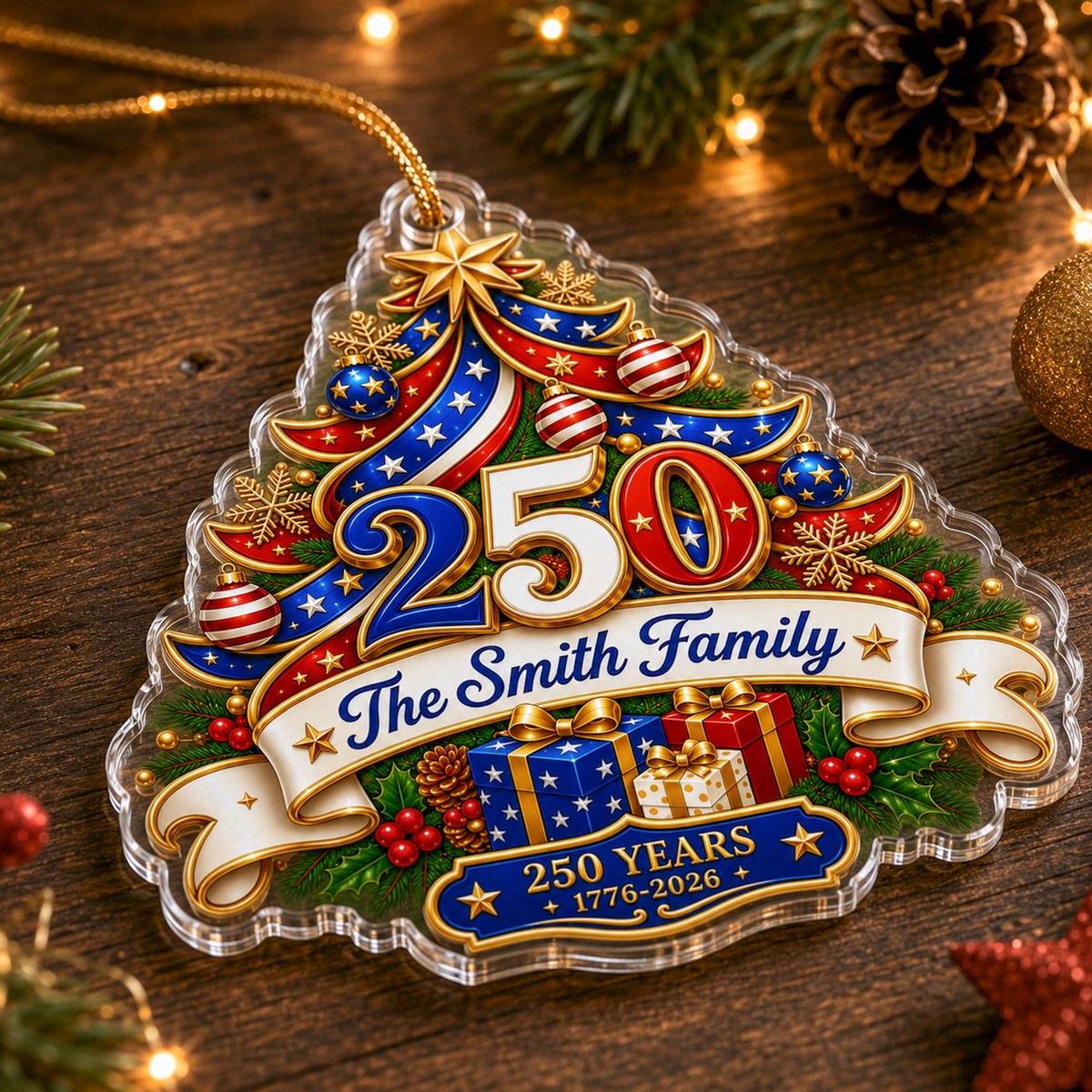 Personalized USA 250th Anniversary Ornament – Tree & Gifts
