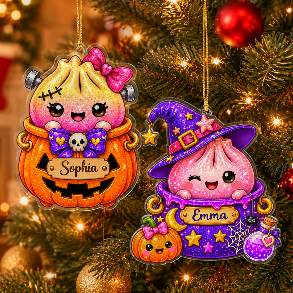 Cute Halloween Dumpling Characters With Custom Name - Personalized Acrylic Ornament - Christmas Gift For Kids, Teens