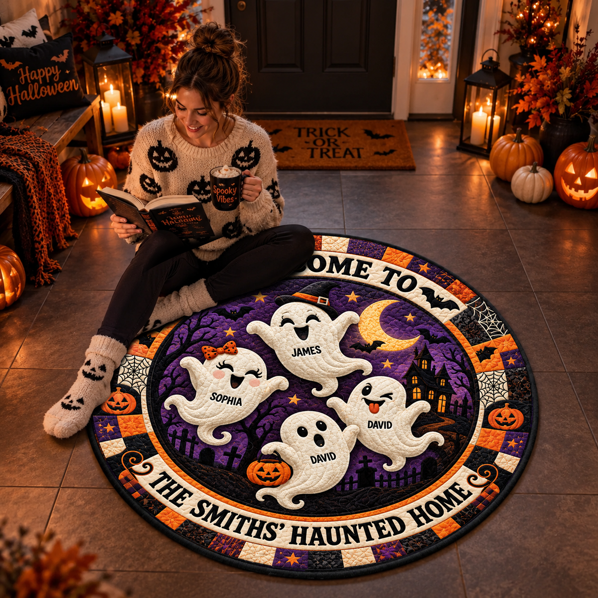 Personalized Ghost Family Haunted Home - 3D Vortex Quilted Round Mat - Halloween Decor For Family