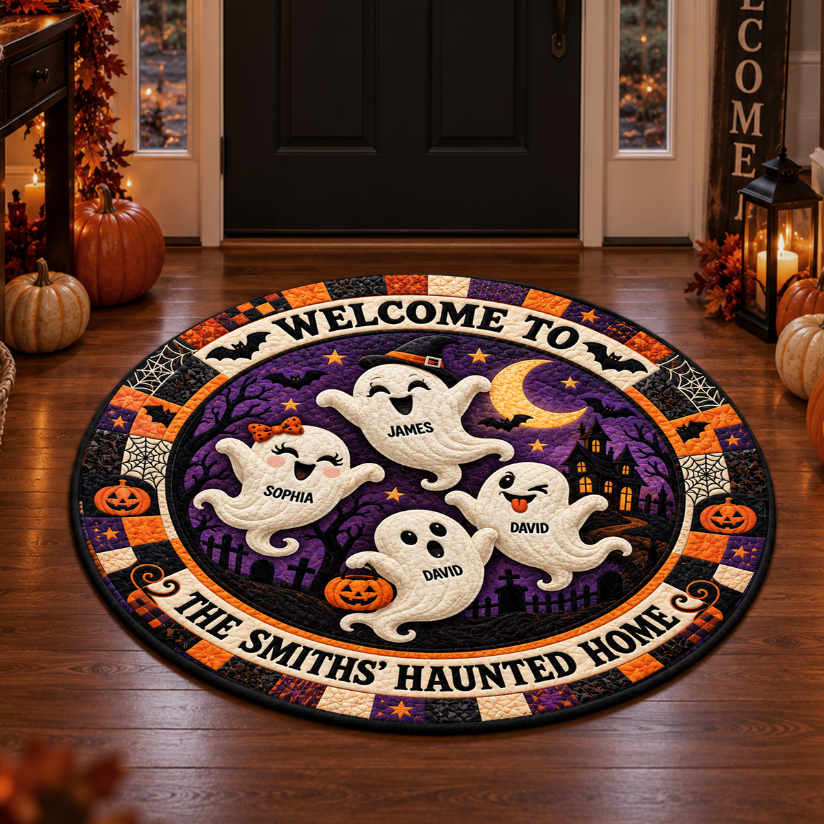 Personalized Ghost Family Haunted Home - 3D Vortex Quilted Round Mat - Halloween Decor For Family