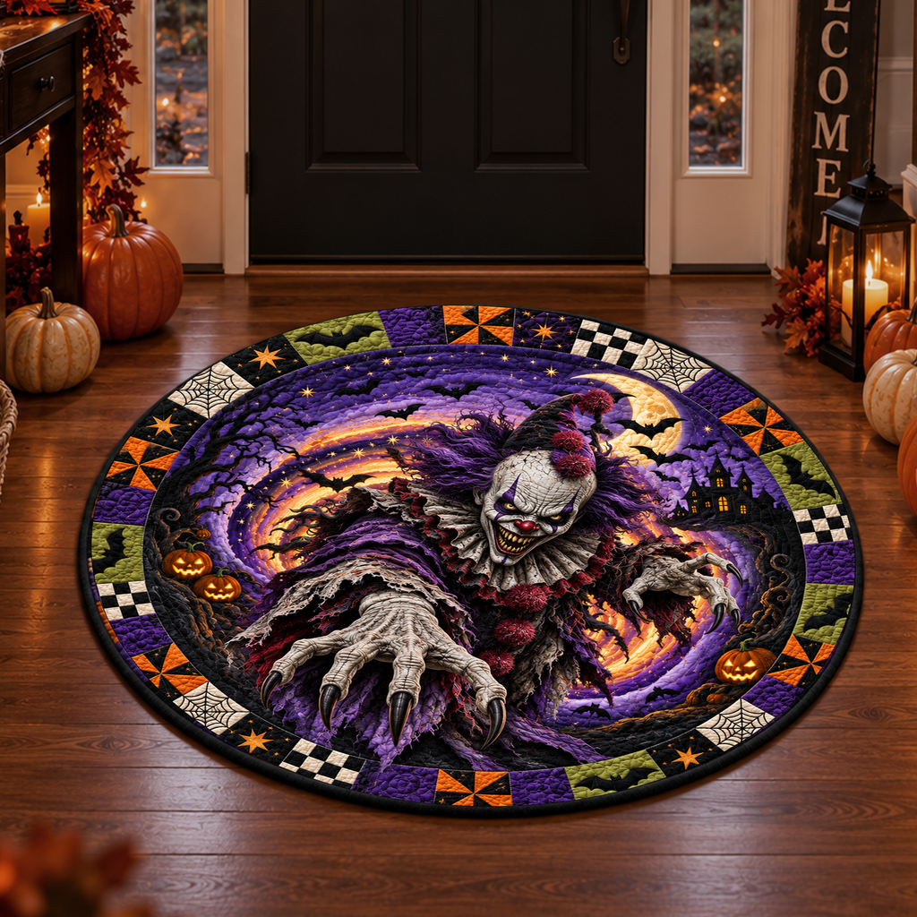 Scary Clown Vortex - 3D Illusion Quilted Round Mat - Spooky Halloween Home Decor