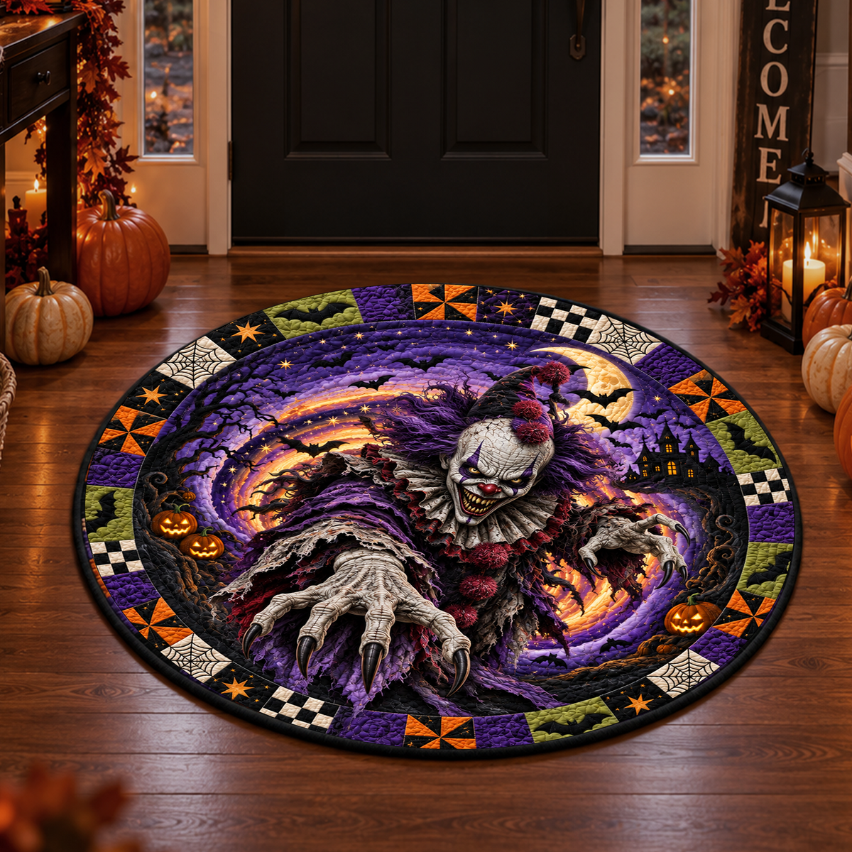 Scary Clown Vortex - 3D Illusion Quilted Round Mat - Spooky Halloween Home Decor