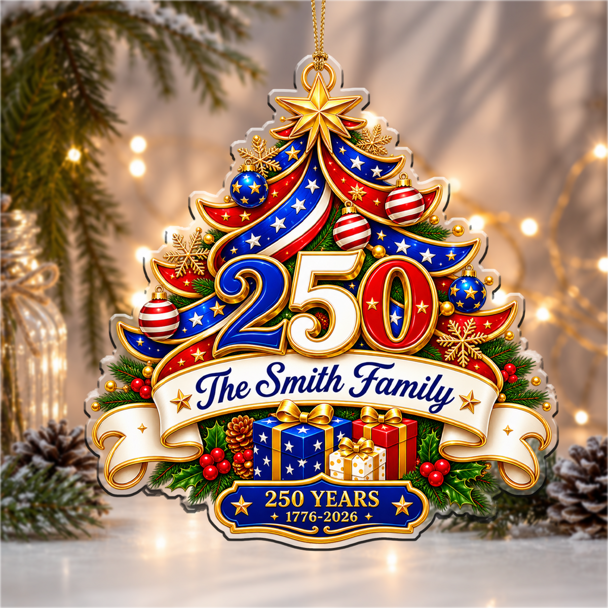 Personalized USA 250th Anniversary Ornament – Tree & Gifts