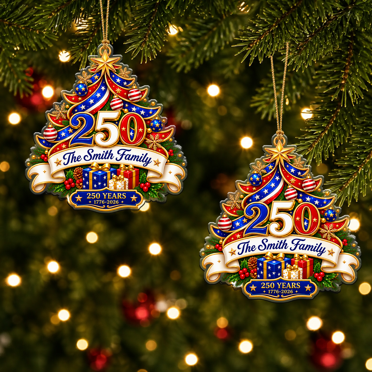Personalized USA 250th Anniversary Ornament – Tree & Gifts