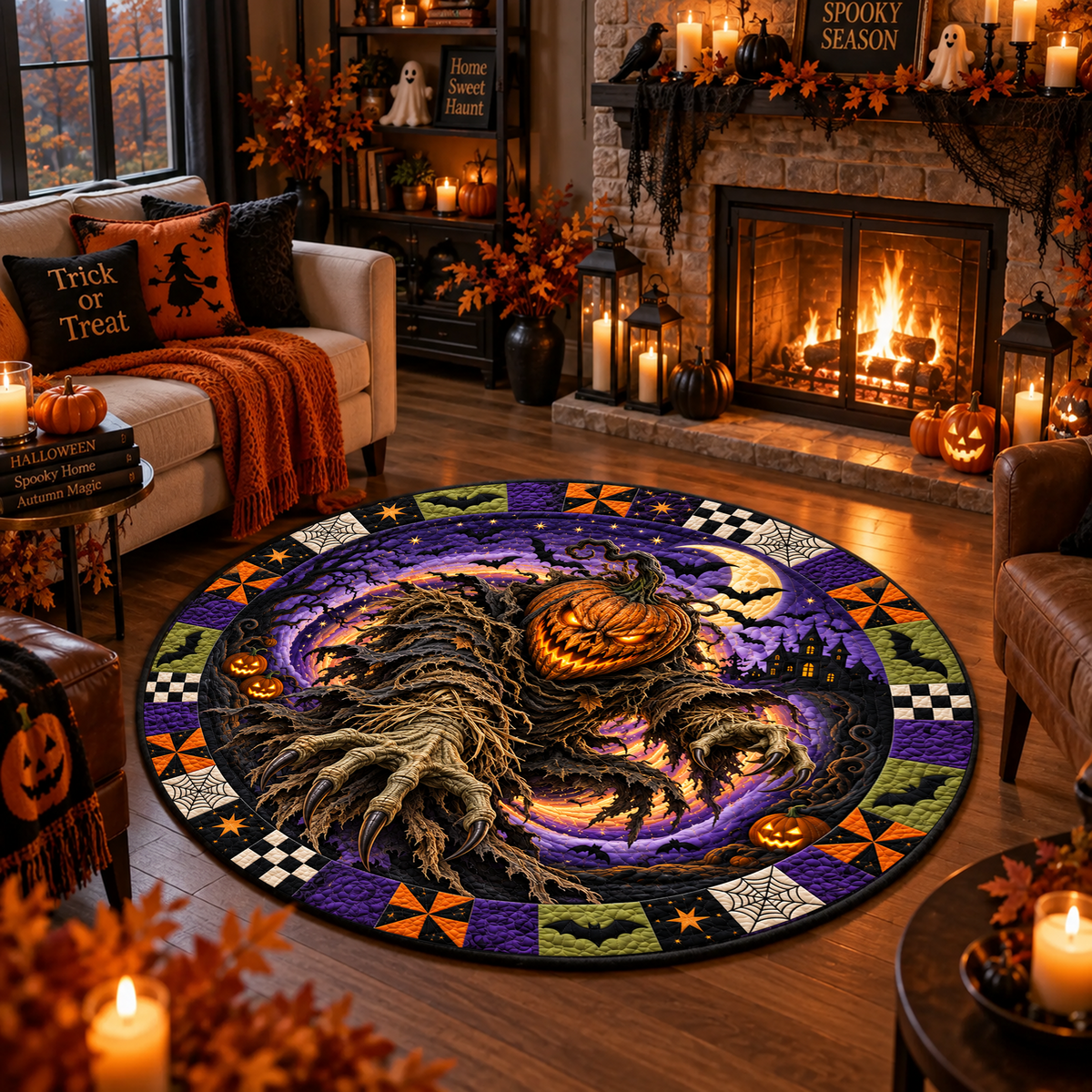 Scary Clown Vortex - 3D Illusion Quilted Round Mat - Spooky Halloween Home Decor