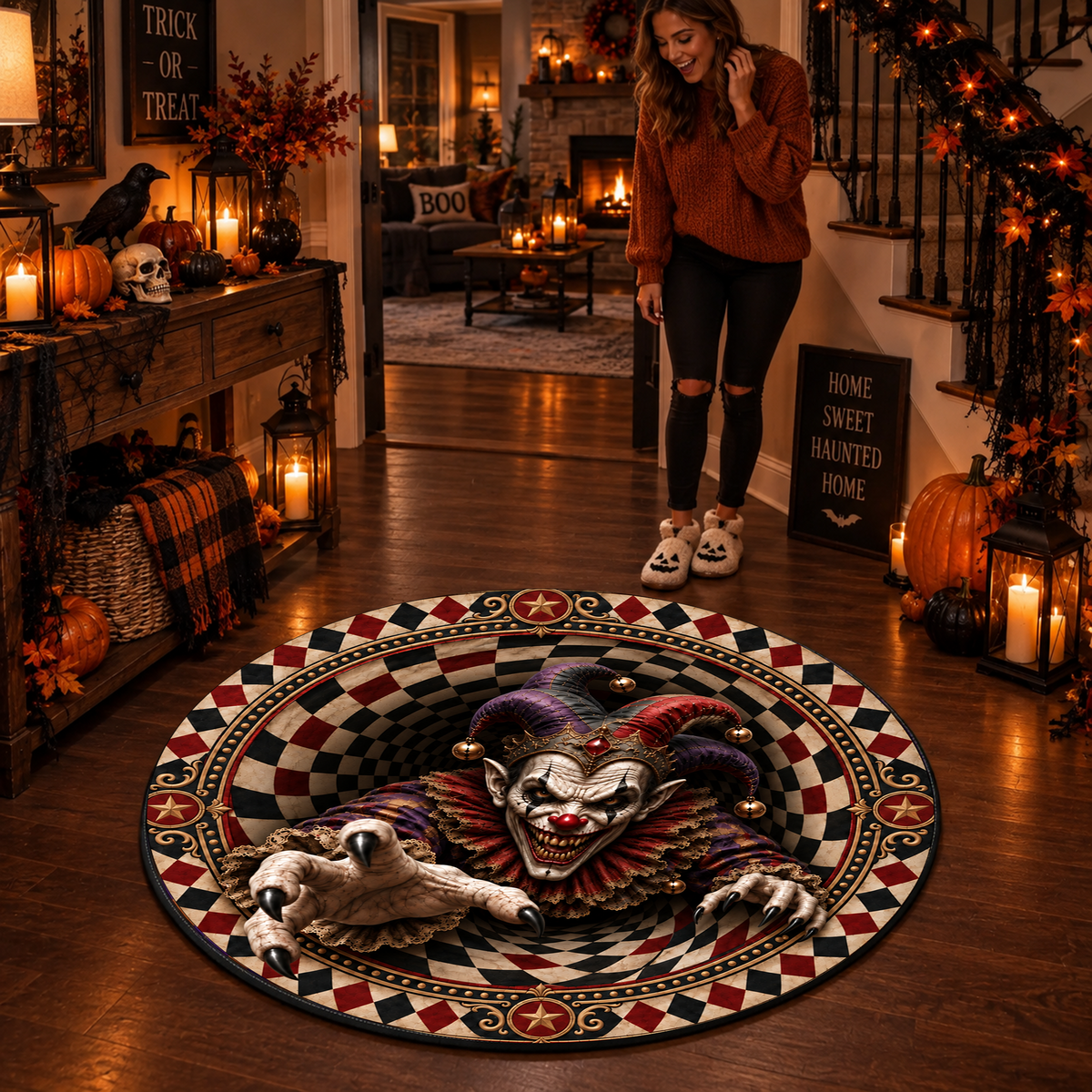 Scary Clown Vortex - 3D Illusion Quilted Round Mat - Personalized Halloween Decor For Horror Fans