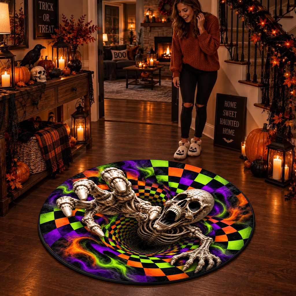 Scary Skeleton Vortex - 3D Illusion Quilted Round Mat - Halloween Decor For Horror Lovers