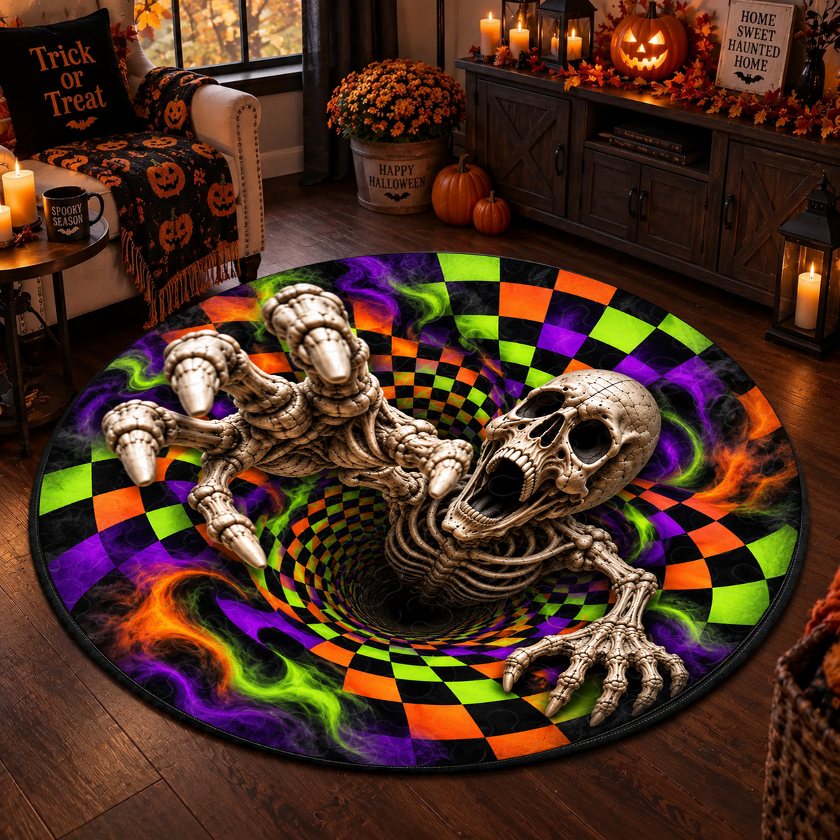 Scary Skeleton Vortex - 3D Illusion Quilted Round Mat - Halloween Decor For Horror Lovers