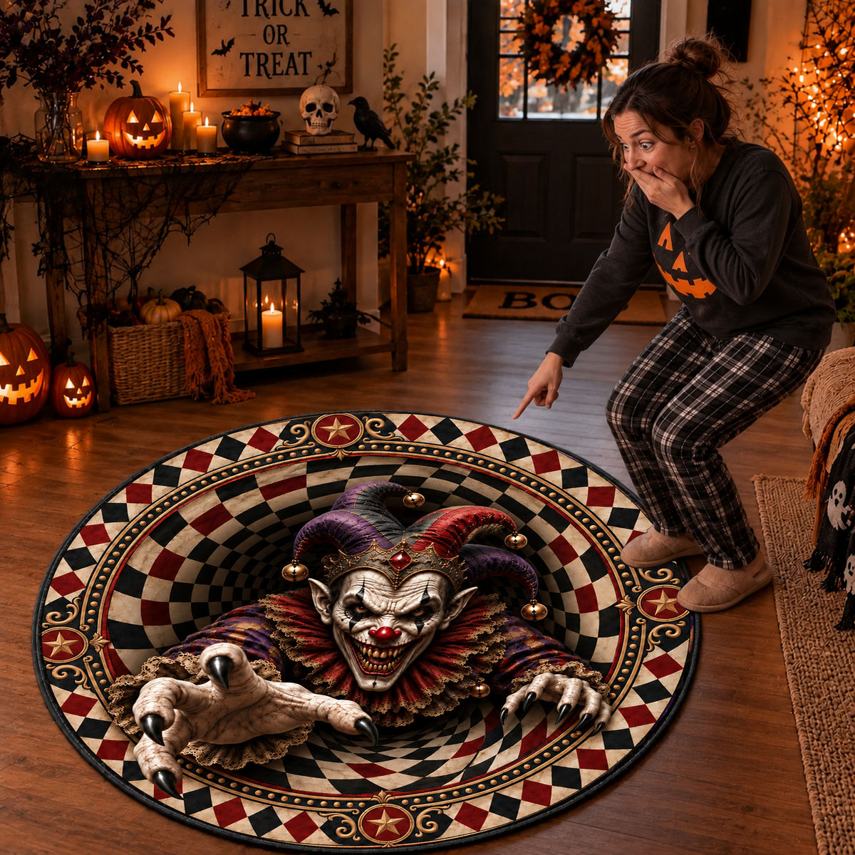 Scary Clown Vortex - 3D Illusion Quilted Round Mat - Personalized Halloween Decor For Horror Fans