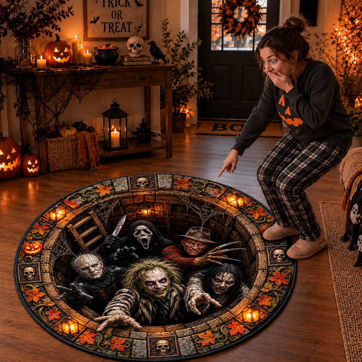 Scary Horror Nightmare Pit - 3D Illusion Quilted Round Mat - Halloween Decor For Horror Lovers