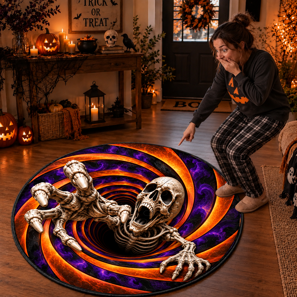 Scary Skeleton Vortex - 3D Illusion Quilted Round Mat - Halloween Decor For Horror Lovers