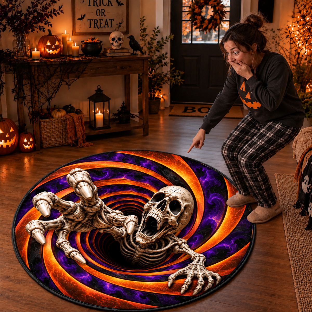 Scary Skeleton Vortex - 3D Illusion Quilted Round Mat - Halloween Decor For Horror Lovers