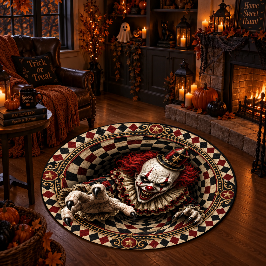 Scary Clown Vortex - 3D Illusion Quilted Round Mat - Personalized Halloween Decor For Horror Fans