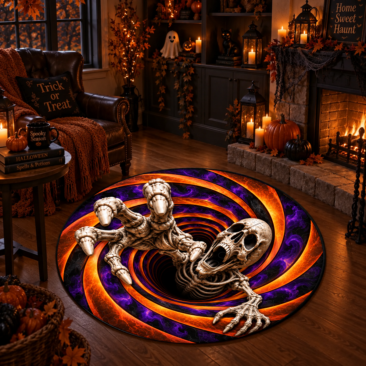Scary Skeleton Vortex - 3D Illusion Quilted Round Mat - Halloween Decor For Horror Lovers