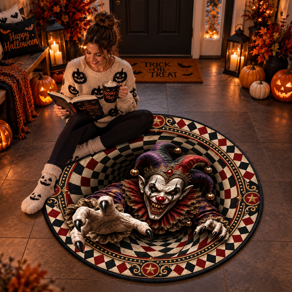 Scary Clown Vortex - 3D Illusion Quilted Round Mat - Personalized Halloween Decor For Horror Fans