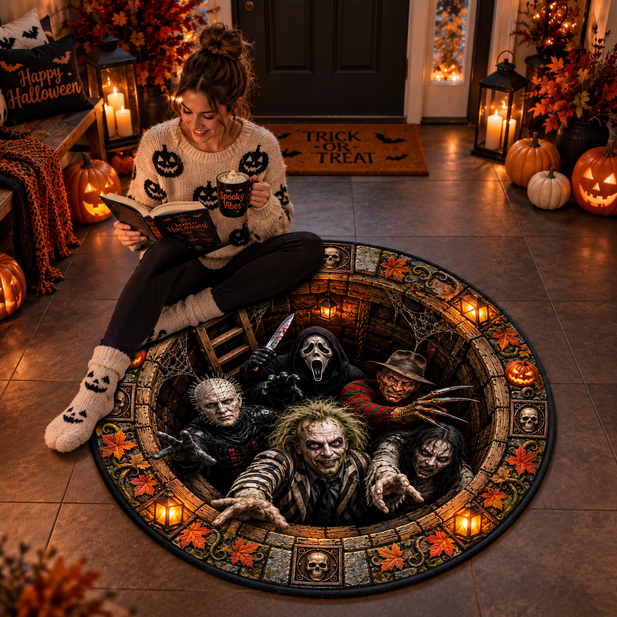 Scary Horror Nightmare Pit - 3D Illusion Quilted Round Mat - Halloween Decor For Horror Lovers