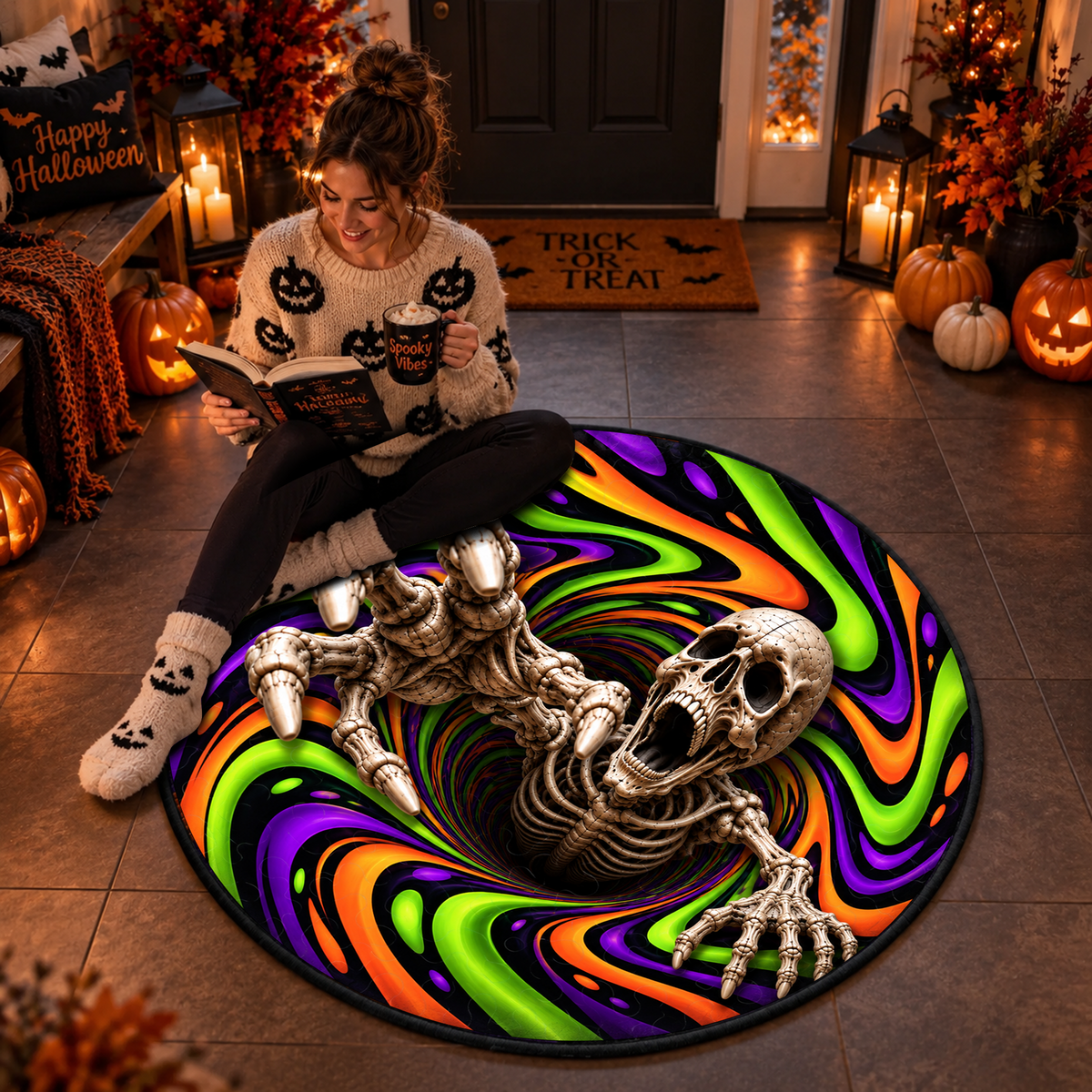 Scary Skeleton Vortex - 3D Illusion Quilted Round Mat - Halloween Decor For Horror Lovers