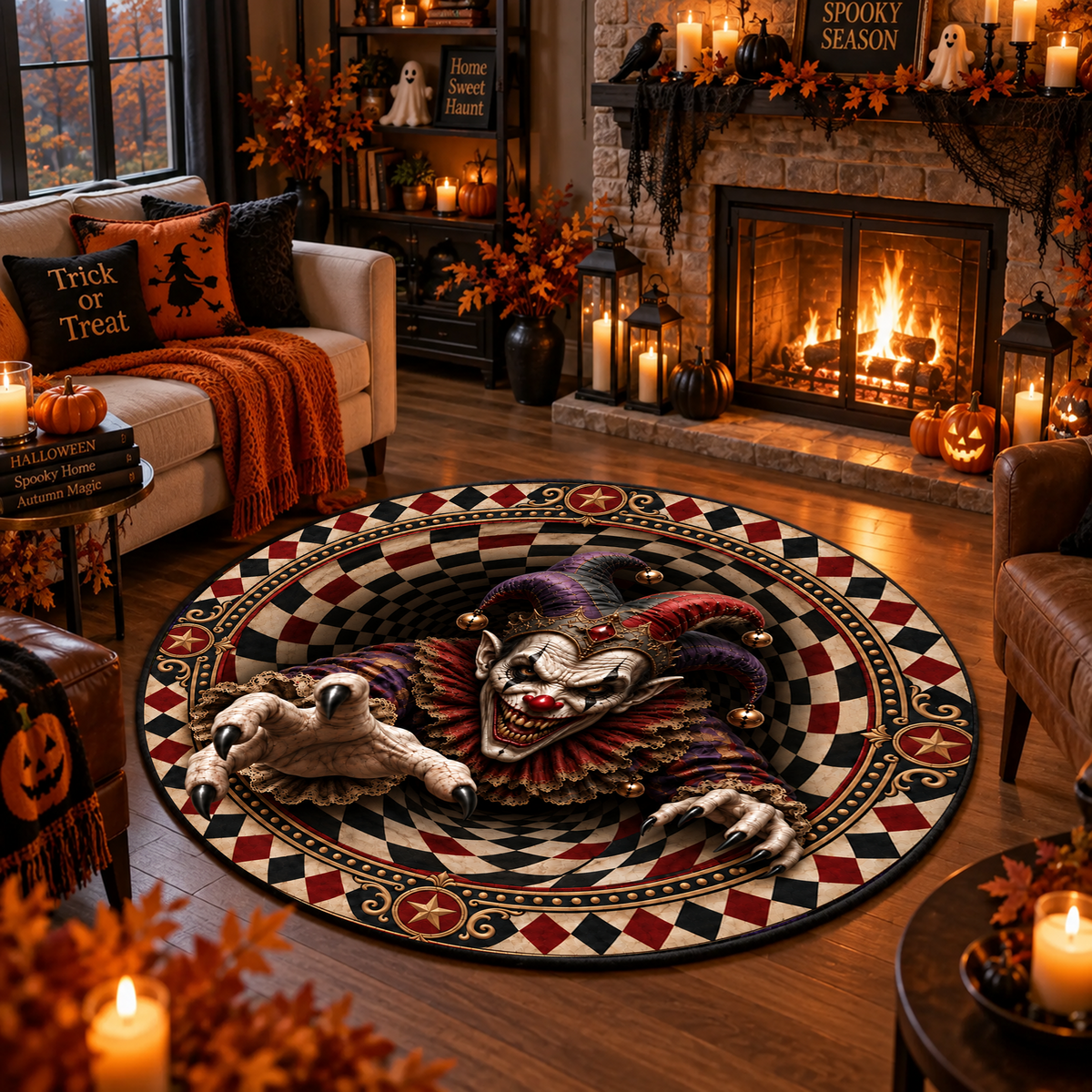 Scary Clown Vortex - 3D Illusion Quilted Round Mat - Personalized Halloween Decor For Horror Fans