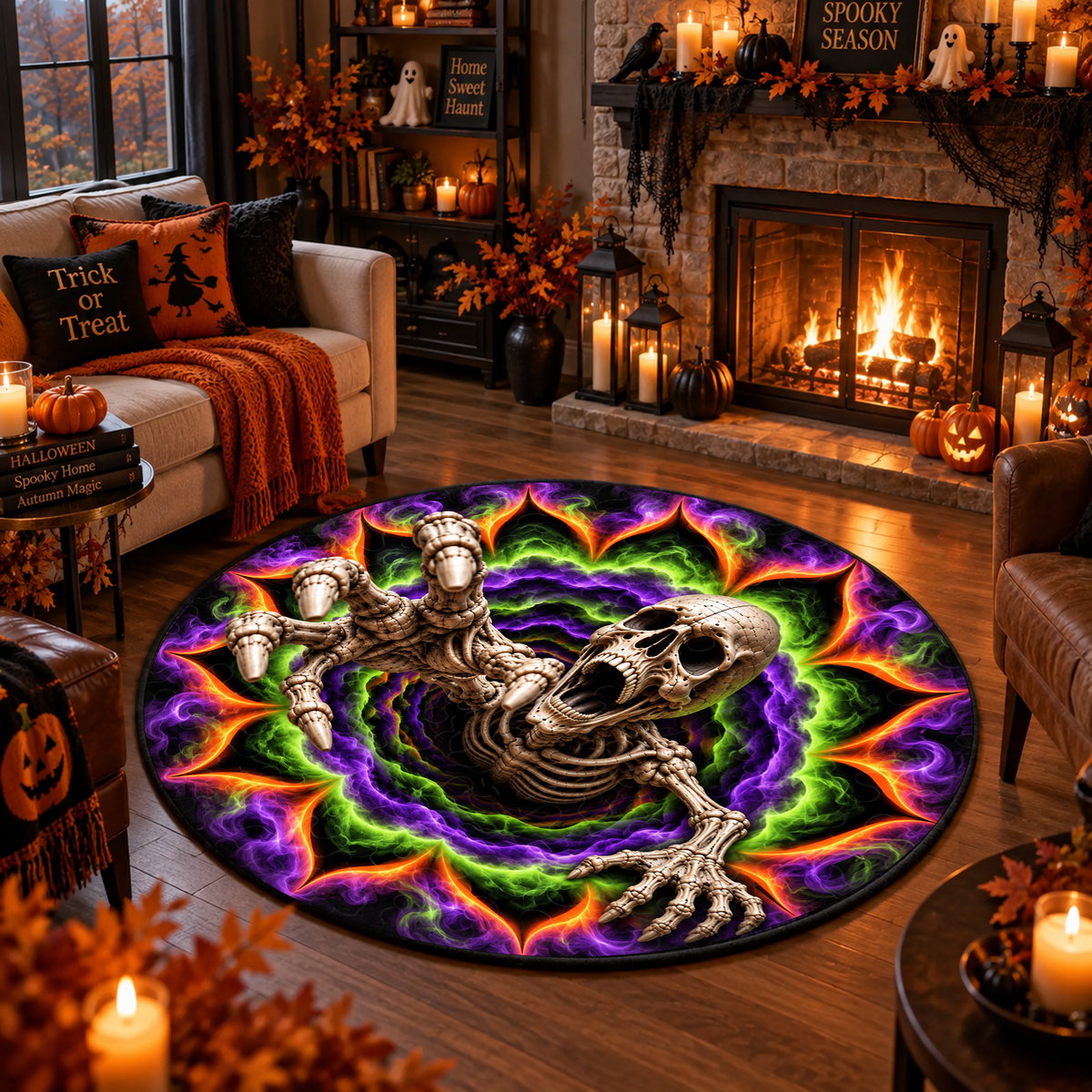 Scary Skeleton Vortex - 3D Illusion Quilted Round Mat - Halloween Decor For Horror Lovers