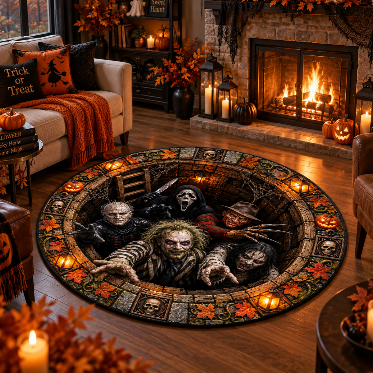 Scary Horror Nightmare Pit - 3D Illusion Quilted Round Mat - Halloween Decor For Horror Lovers