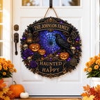 Haunted & Happy Raven Wreath - Personalized Family Name Wood Sign - Gothic Halloween Decor
