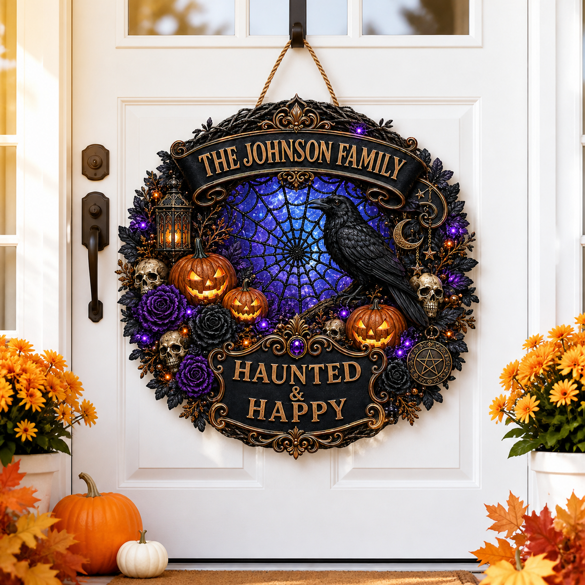 Haunted & Happy Raven Wreath - Personalized Family Name Wood Sign - Gothic Halloween Decor