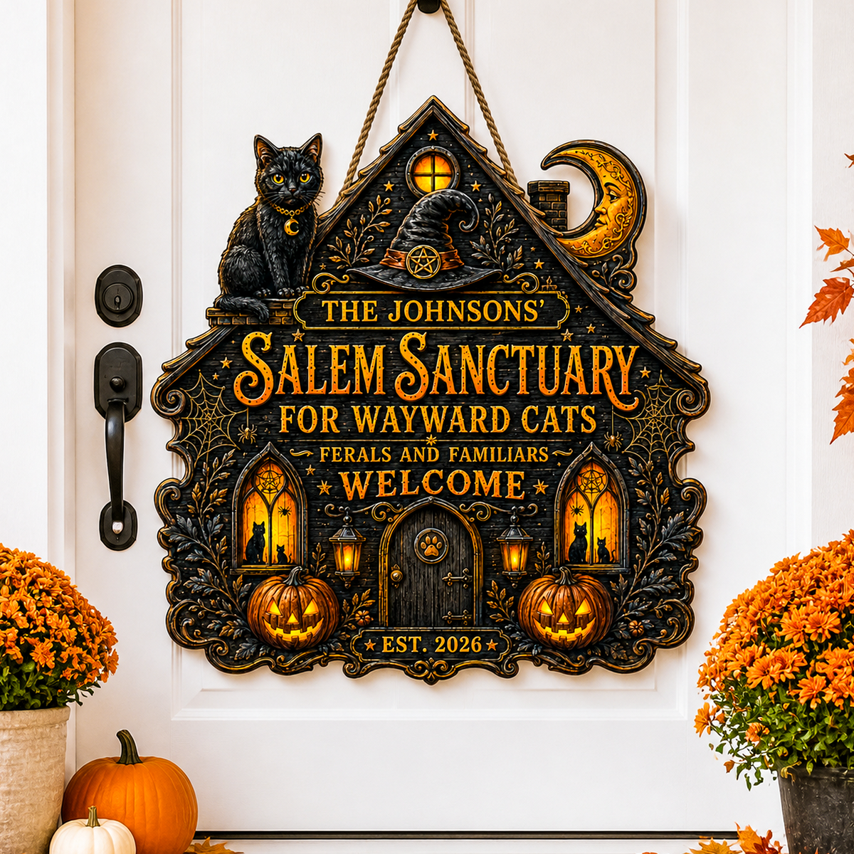 Salem Sanctuary For Wayward Cats - Personalized Family Name Wood Sign - Halloween Decor For Cat Lovers