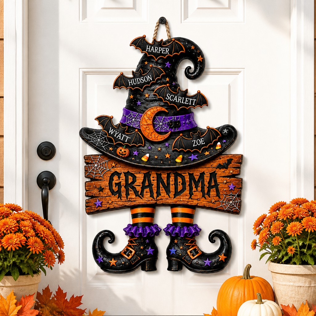 Grandma’s Witch Hat With Grandkids’ Names - Personalized Wood Sign - Halloween Gift For Grandma