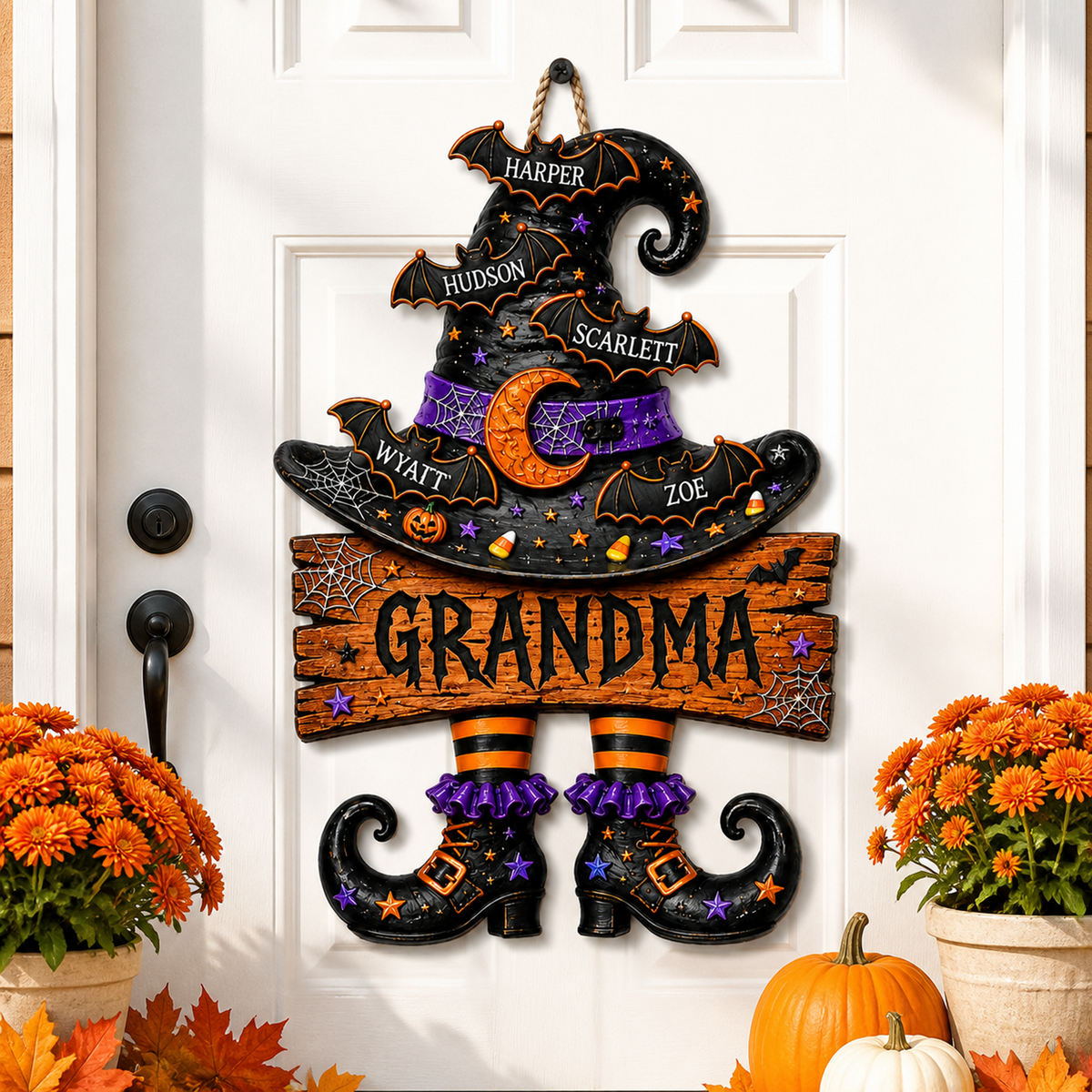 Grandma’s Witch Hat With Grandkids’ Names - Personalized Wood Sign - Halloween Gift For Grandma