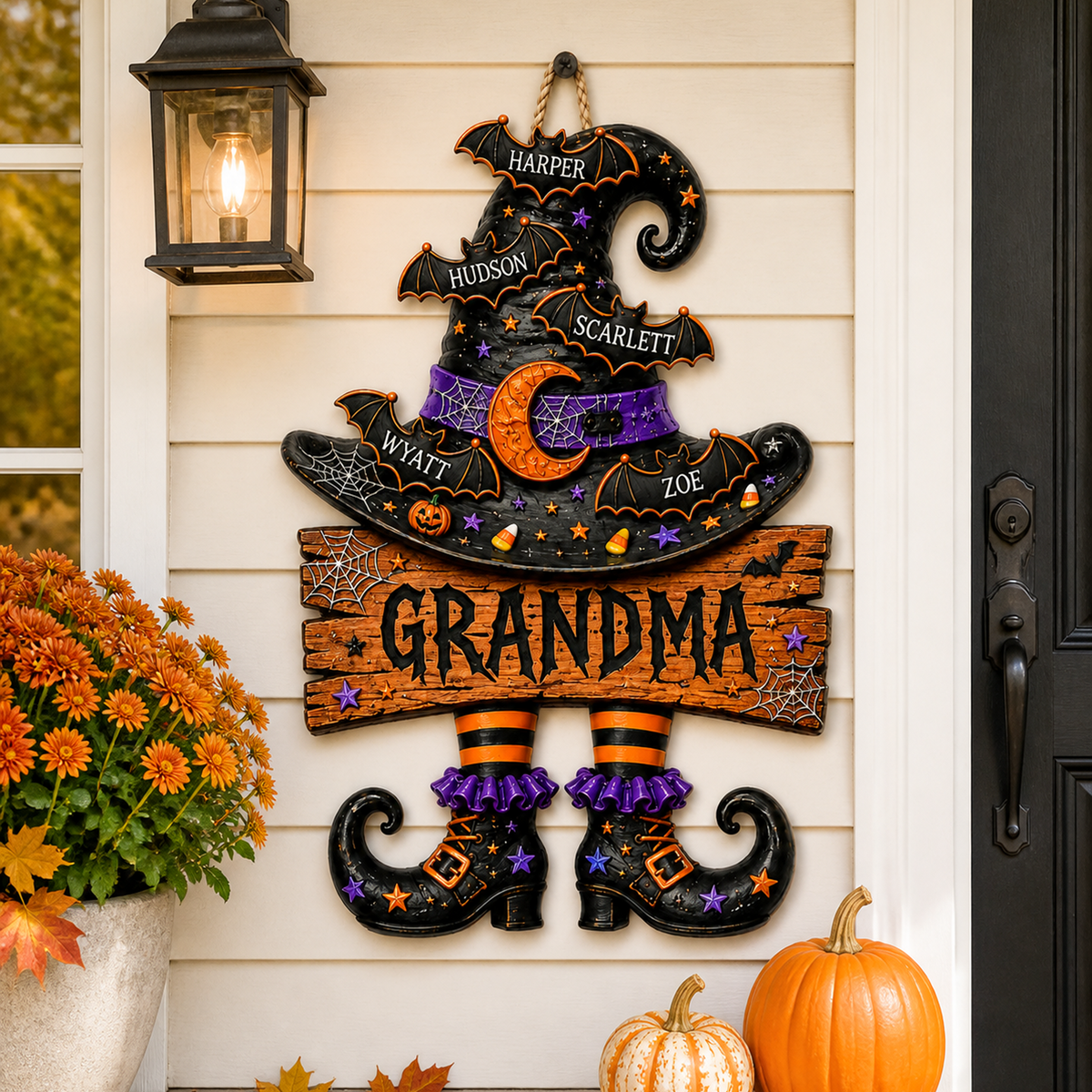 Grandma’s Witch Hat With Grandkids’ Names - Personalized Wood Sign - Halloween Gift For Grandma